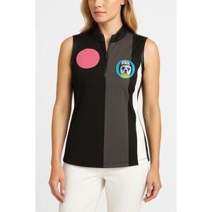 Jamie Sadock Black White‎ Pink Dog Patch Leather Accents Sleeveless  Medium